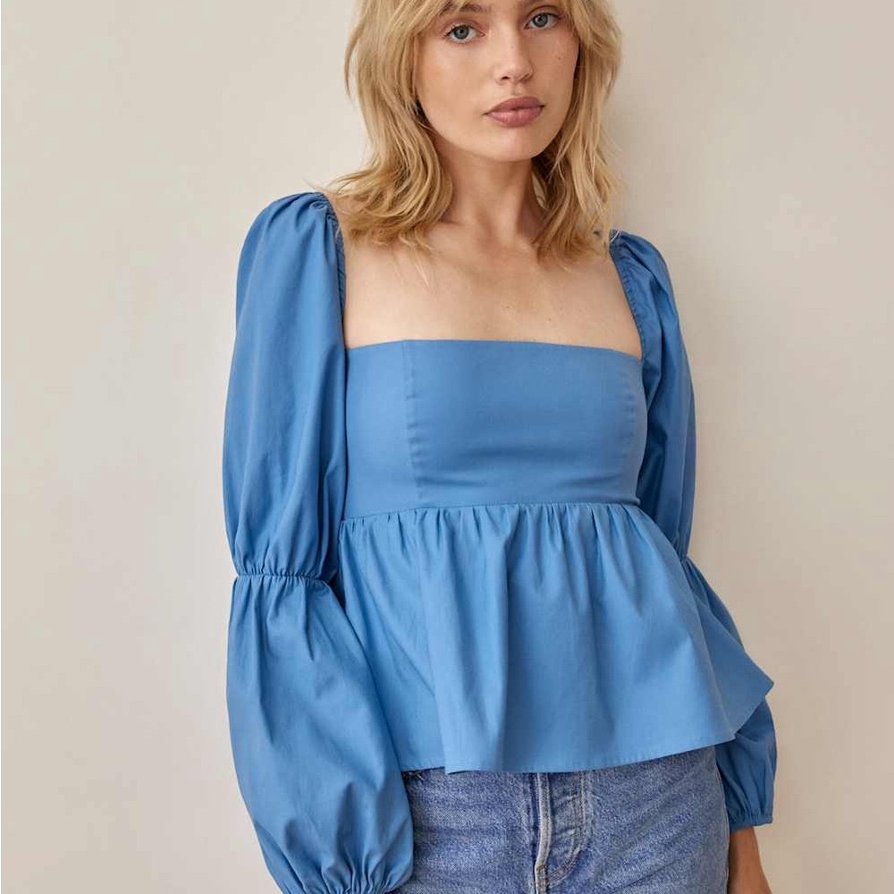 REFORMATION Jaxley Women's Long Sleeve Top Size 6 Blue Peplum Babydoll Blouse